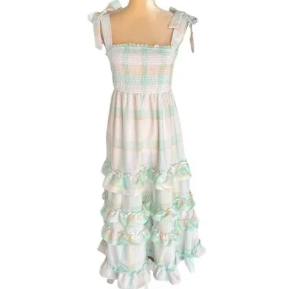NWT Moon River Green Plaid Tiered Smocked Midi Dress L